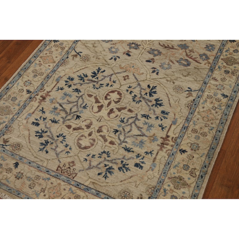 Hand Knotted Oriental 100% Wool Carpet Transitional All-Over Beige & Ivories Oushak Runner Rug - 12' 5'' X 3' 0''