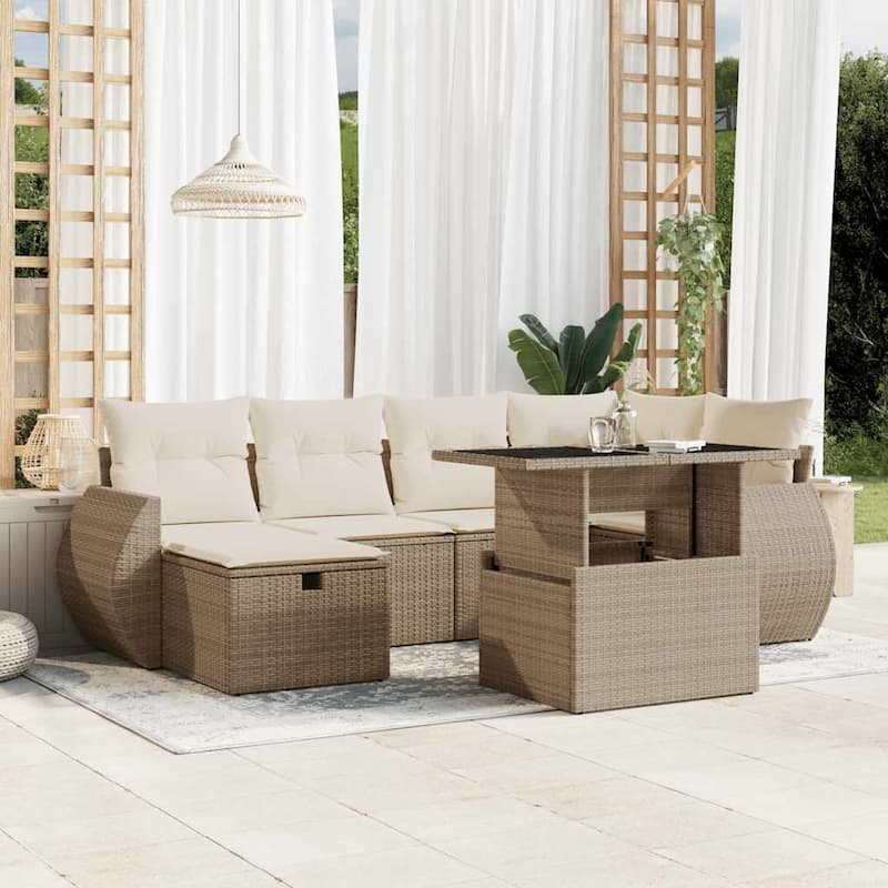 vidaXL Patio Sofa Set with Cushions Outdoor Furniture 7 Piece Poly Rattan - Beige and cream - 21.7 x 39.4 x 28.7 in