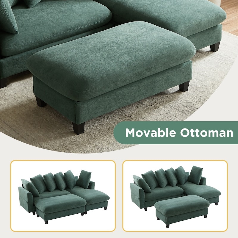 83" Upholstered Sectional Sofa with Movable Ottoman and Six Pillows, Ample Storage Space