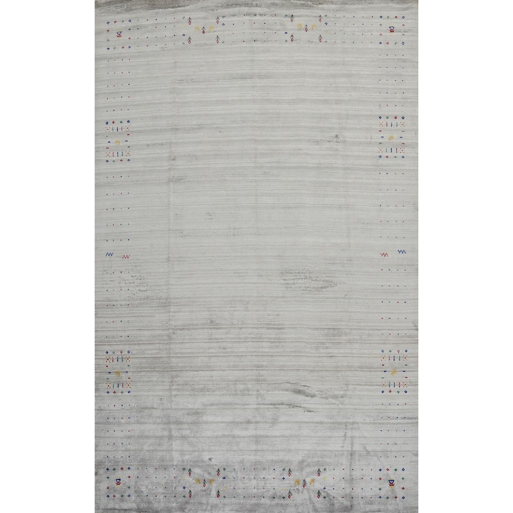 Hand Knotted Oriental Viscose Silk Carpet Tribal Animal Pictorial Greys & Charcoal Gabbeh Area Rug - 11' 10'' X 8' 10''