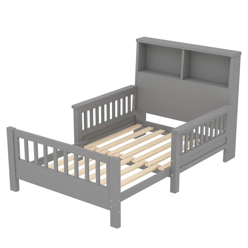 Twin Size Platform Bed with Storage Headboard, Pull-Out Design, High-Quality Safety Rails