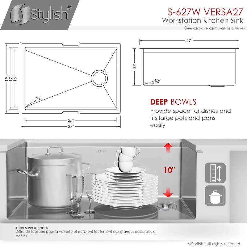 STYLISH 27 inches Workstation Single Bowl Undermount 16 Gauge Stainless Steel Kitchen Sink with Built in Accessories Handmade