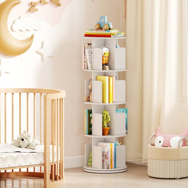 Narrow 4-Tier Rotating Storage Bookshelf with Swivel Display and Dividers for Home and Office - 15.5" x 15.5" x 50.5"