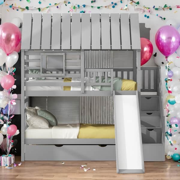 slide 2 of 19, Twin Over Twin House Bunk Bed With Trundle And Storage