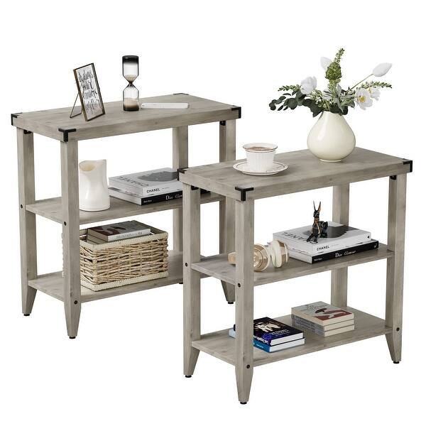Set of 2 Farmhouse End Table Rustic Side Table with Storage Shelf - Bed ...