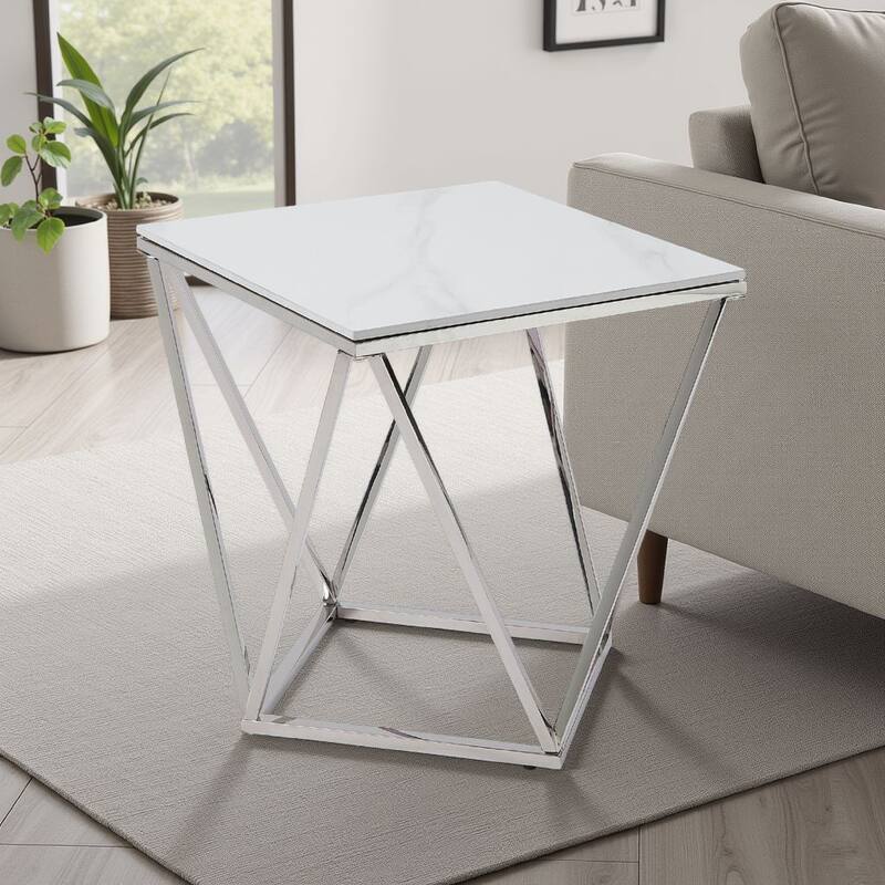 Allie End Table, White Sintered Stone, Silver Stainless Steel 21 Inch