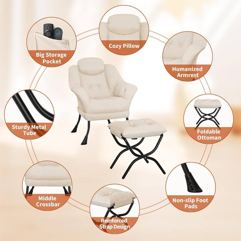 Lazy Chair, Ergonomic Reading Armchair Foldable Footrest, Modern Lounge Chair Removable Washable Cover