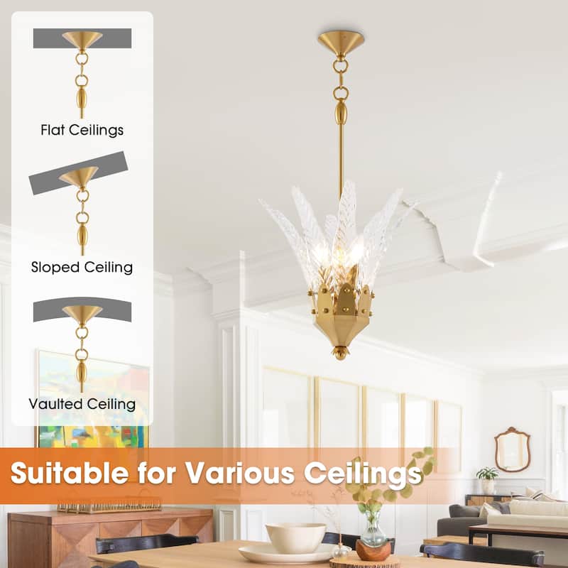 17" Modern Gold Flower 3-light Leaf-shaped Textured Glass Chandelier Hanging Light