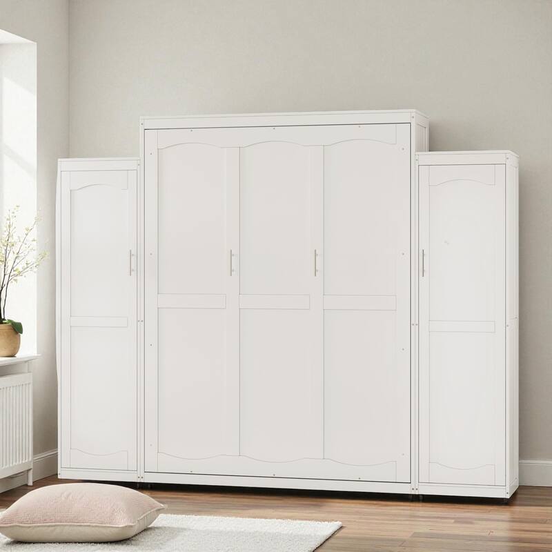 Queen Murphy Bed with Dual Wardrobes and Storage Shelf, Space-Saving Foldable Platform Bedframe for Bedrooms & Guest Rooms