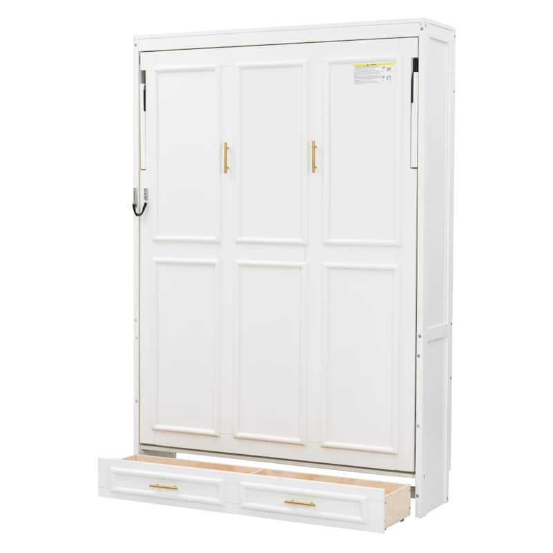Solid Wood Full Size Beige Murphy Bed with 2 Drawers for Small Rooms
