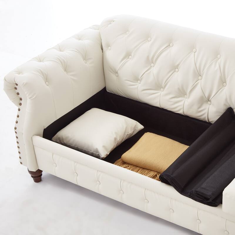 85.8" Technical Leather 3-Seater Sofa with Tufted Backrest & Storage