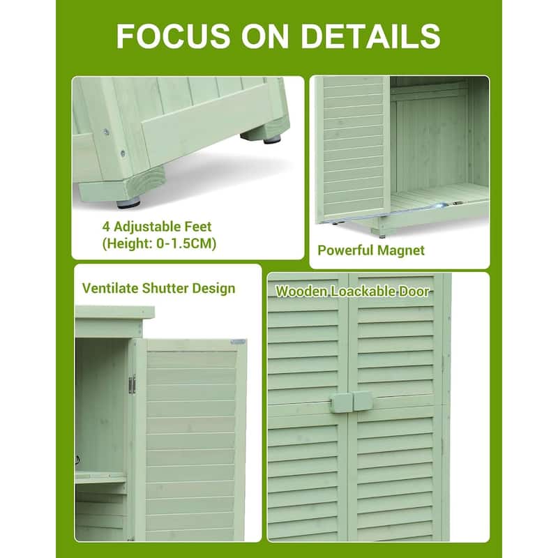 Outdoor Wooden Storage Cabinet with Waterproof Roof Shelves, Louvered Double Doors