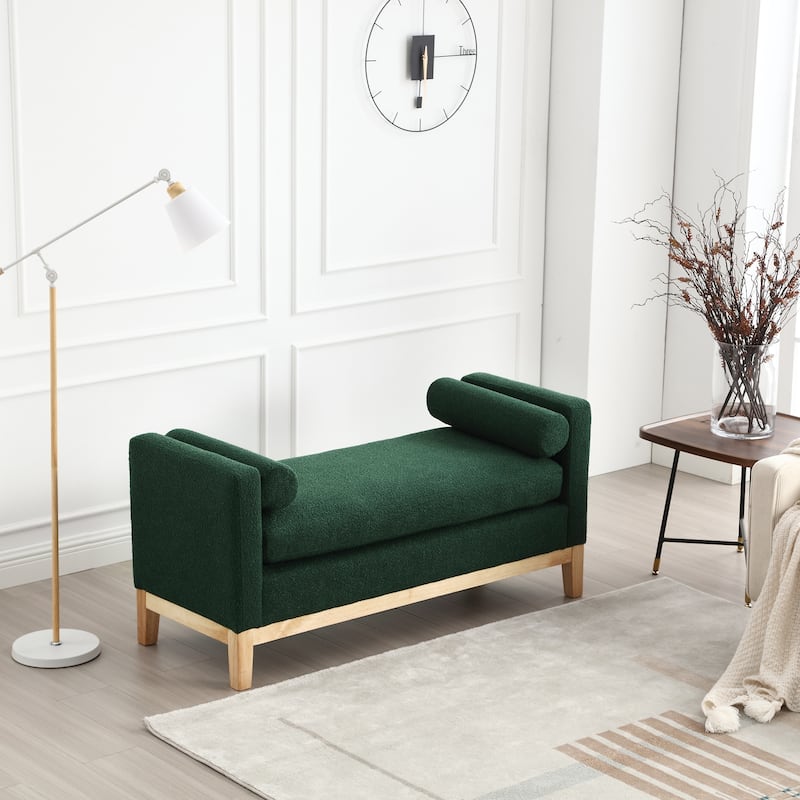 53.5"W Elegant Boucle Upholstered Bench, Ottoman with Wood Legs & Bolster Pillows - Green