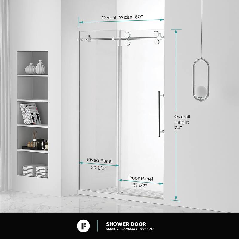 Fine Fixtures Frameless Clear Sliding Bathroom Shower Door