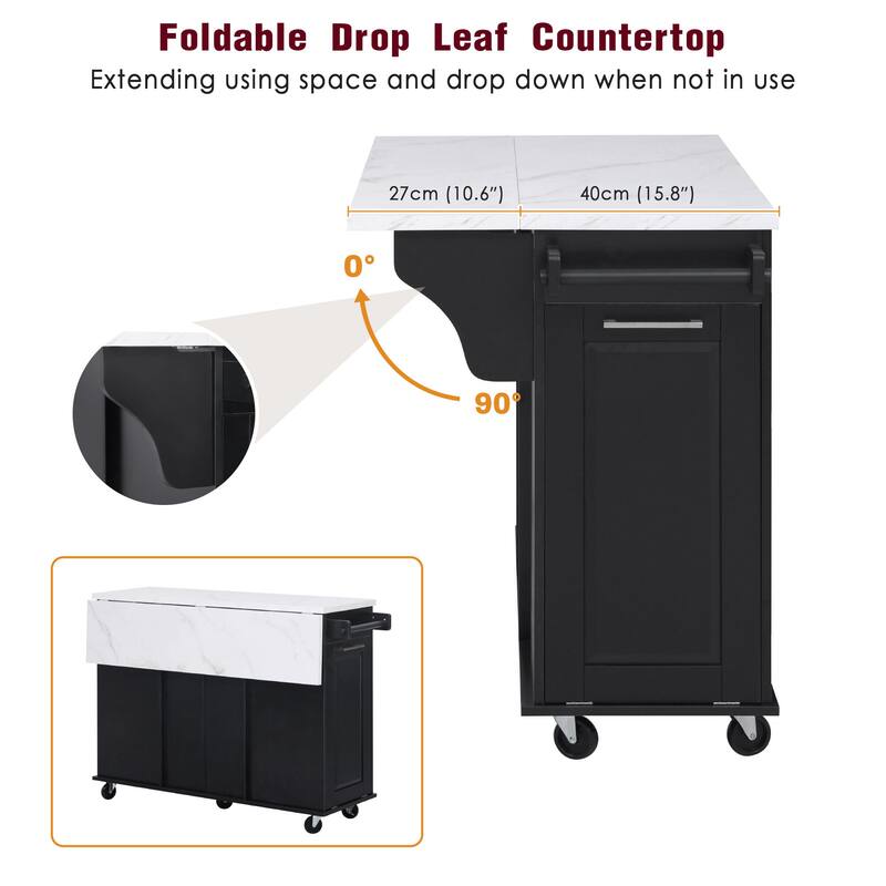 50.7" Kitchen Island with Drop Leaf, Pull Out Cabinet Organizer, Rolling Wheels, Trash Bin and 2 Drawers