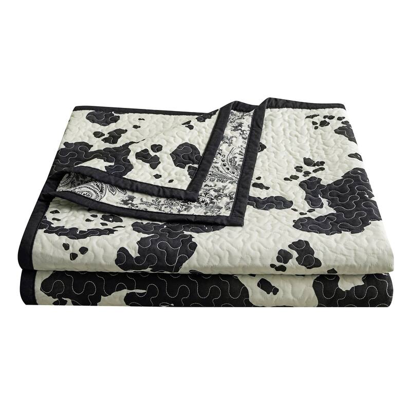 Indigo Hill by HiEnd Accents Clara Cow Print and Paisley 3 Piece Reversible Quilt Set, Cotton Rustic Farmhouse Western Bed Set