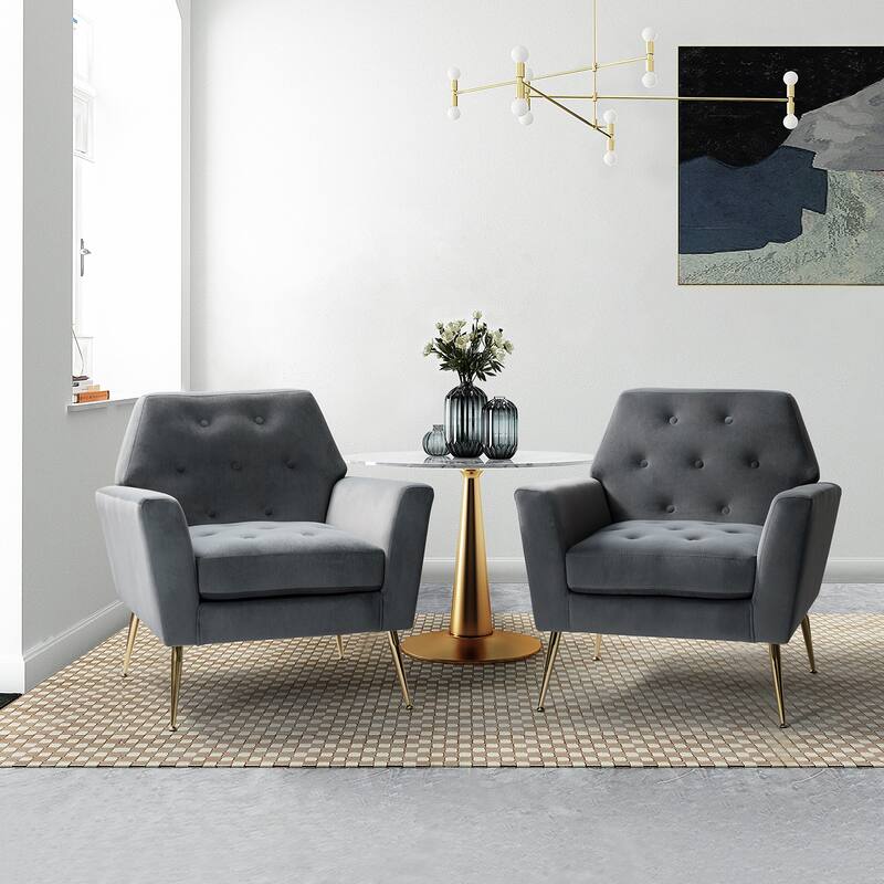 Lilia Contemporary Velvet Upholstered Tufted Back Armchair with Metal Golden legs Set of 2 by HULALA HOME