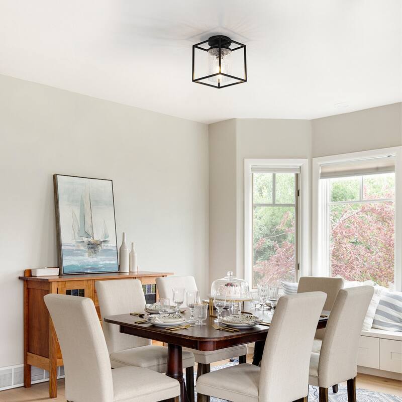 1-Light Modern Black Metal Frame Textured Glass Ceiling Light - Matte Black