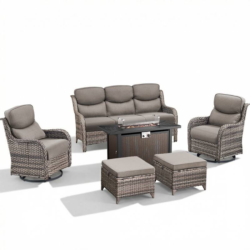 Pocassy 6/7 Piece Patio Sofa Swivel Chair Set with 43" Fire Pit Table