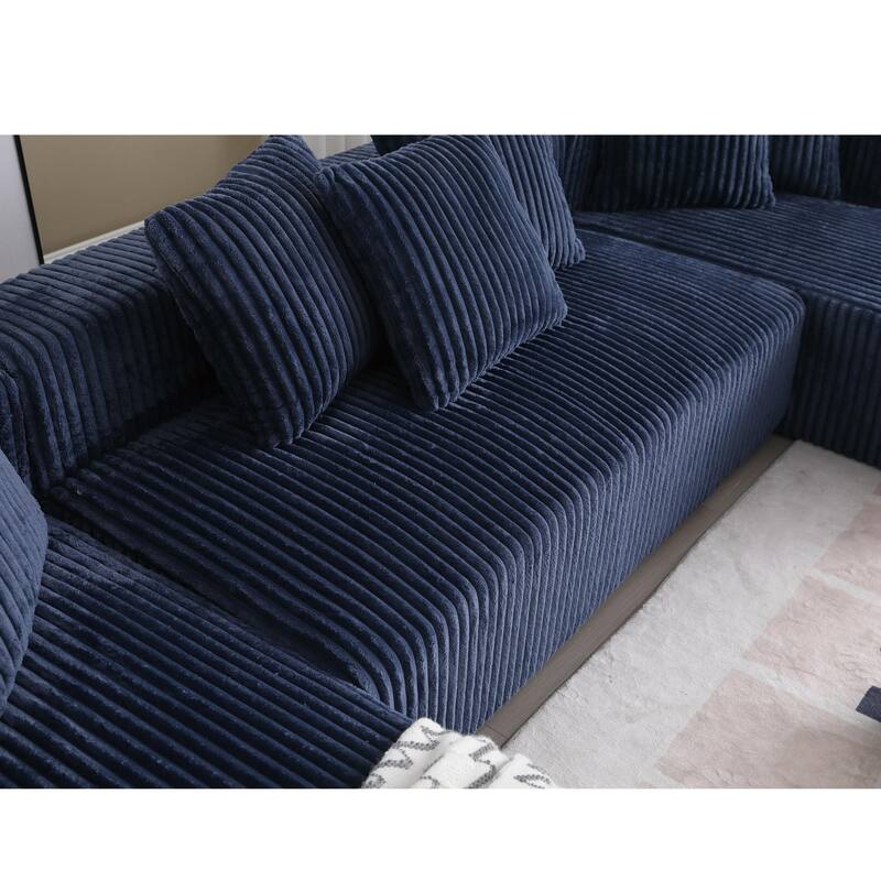 131'' Modular U-shaped Striped Corduroy 4 Seater Sofa, Blue