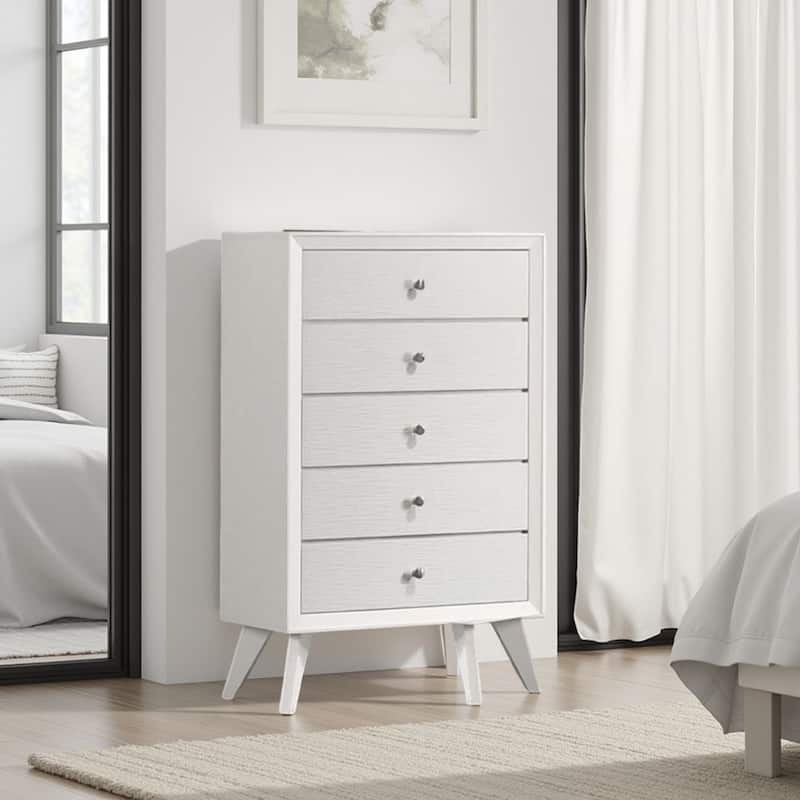 Tory Tall Dresser Chest, 5 Drawers w Bronze Knobs, Textured White Wood
