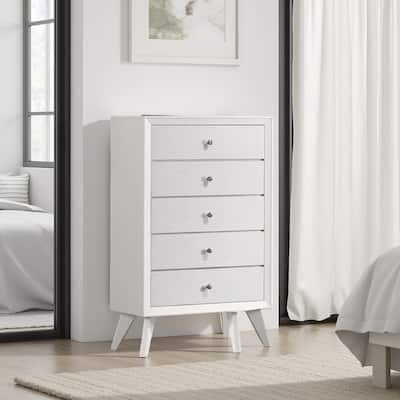 Tory Tall Dresser Chest, 5 Drawers w Bronze Knobs, Textured White Wood