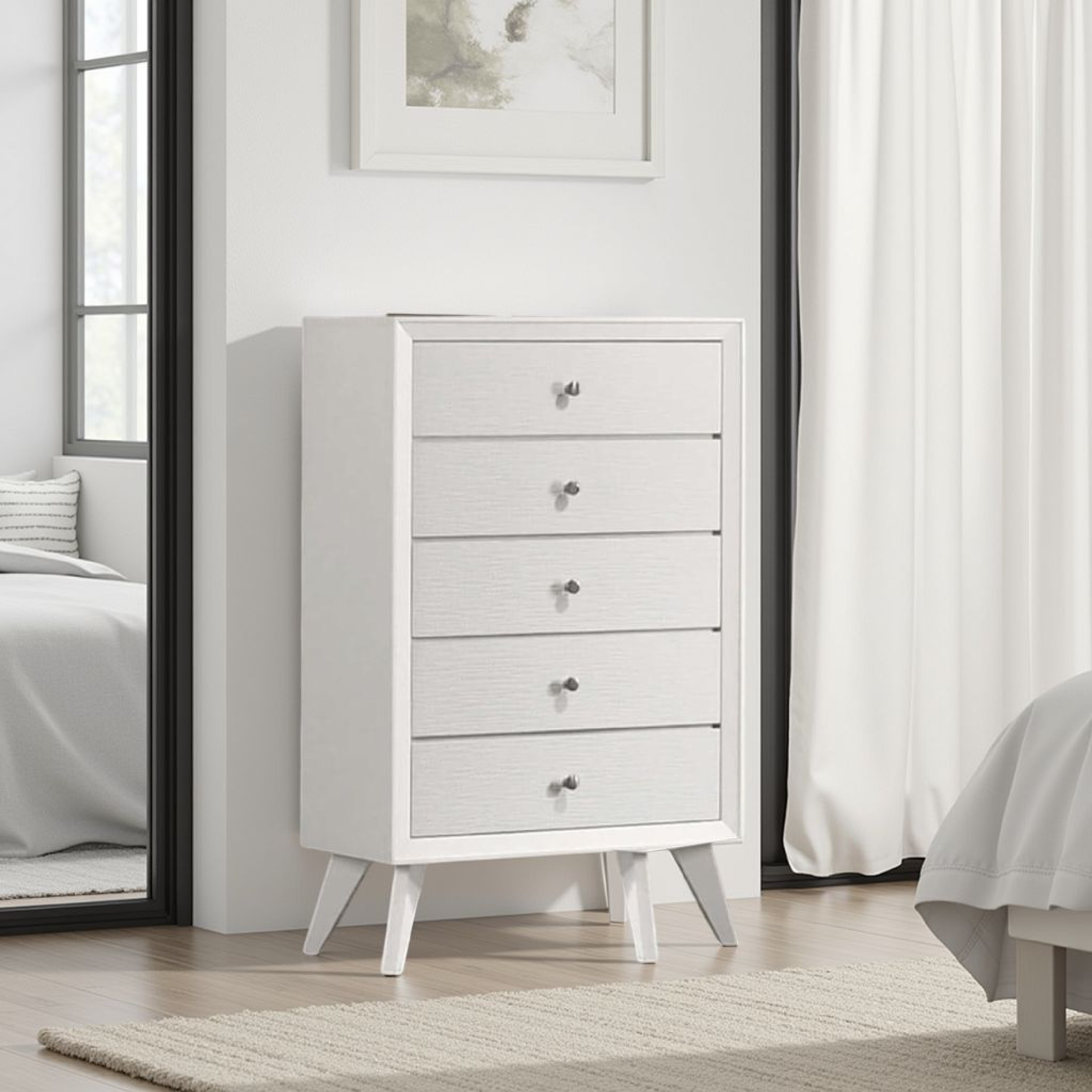 Tory Tall Dresser Chest, 5 Drawers w Bronze Knobs, Textured White Wood