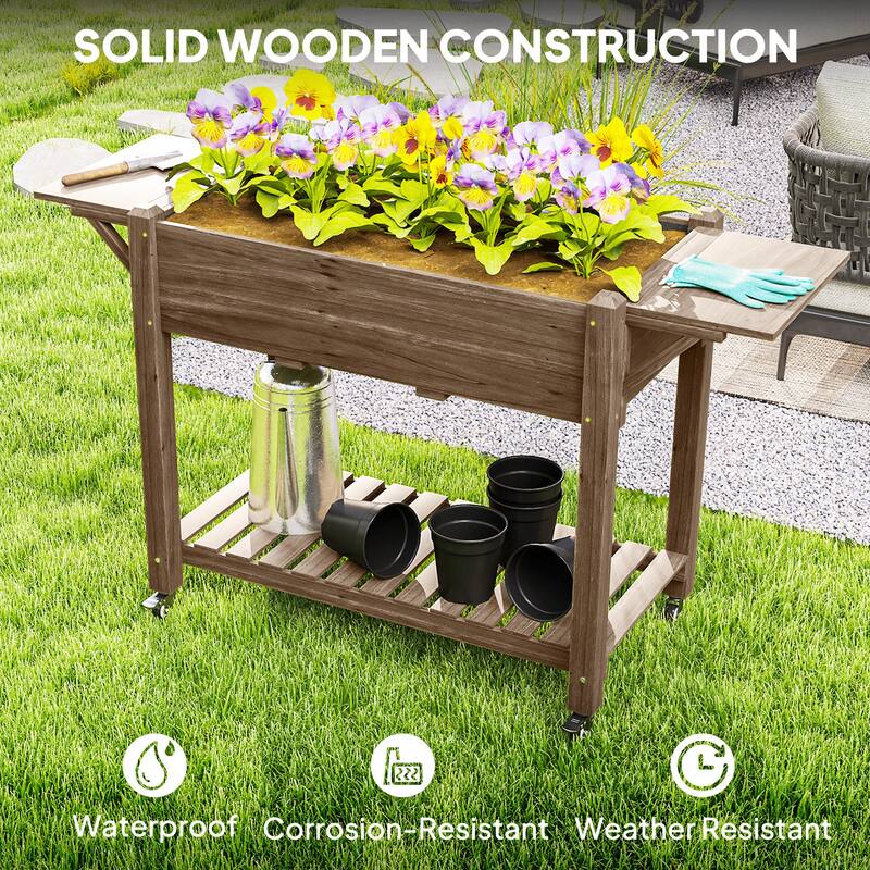 Raised Garden Bed with Storage Shelf and Foldable Ledges Fir Wood Planter for Indoor Outdoor Gardening