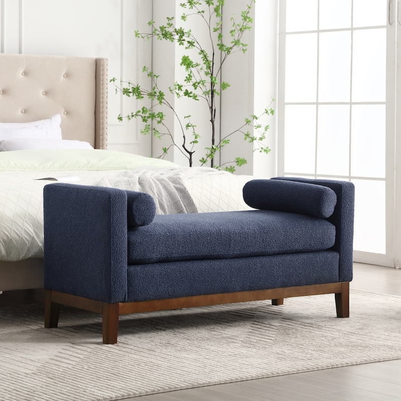 Modern Boucle Upholstered Bedroom Bench With Wood Legs,Entryway Bench - Navy