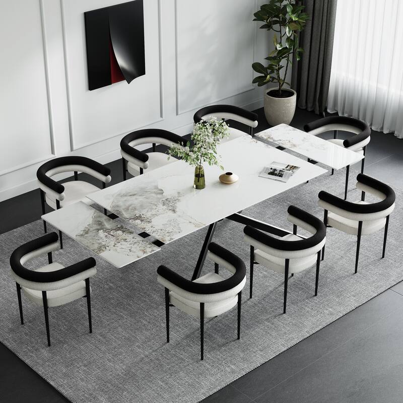 110.24" Extendable Sintered Stone Dining Table With 8 Chairs Dining Table Set