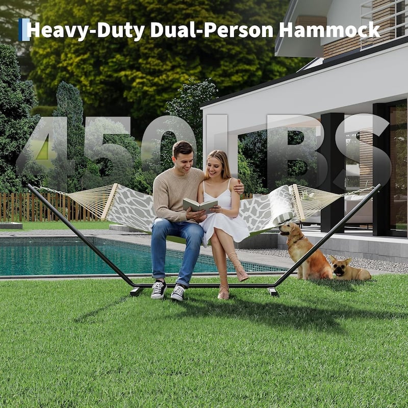 Heavy Duty Portable Double Hammock with Stand for Outdoor Patio, Garden, Beach, Backyard