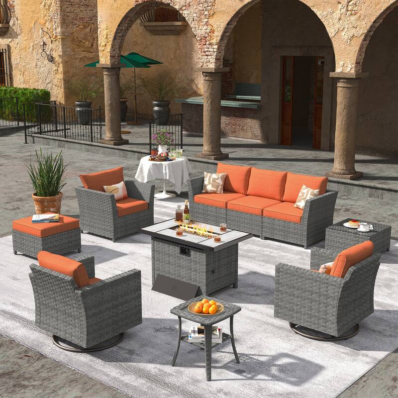 XIZZI 10-piece Outdoor Furniture Set Swivel Rocking Chair with Fire Pit - Red/Orange