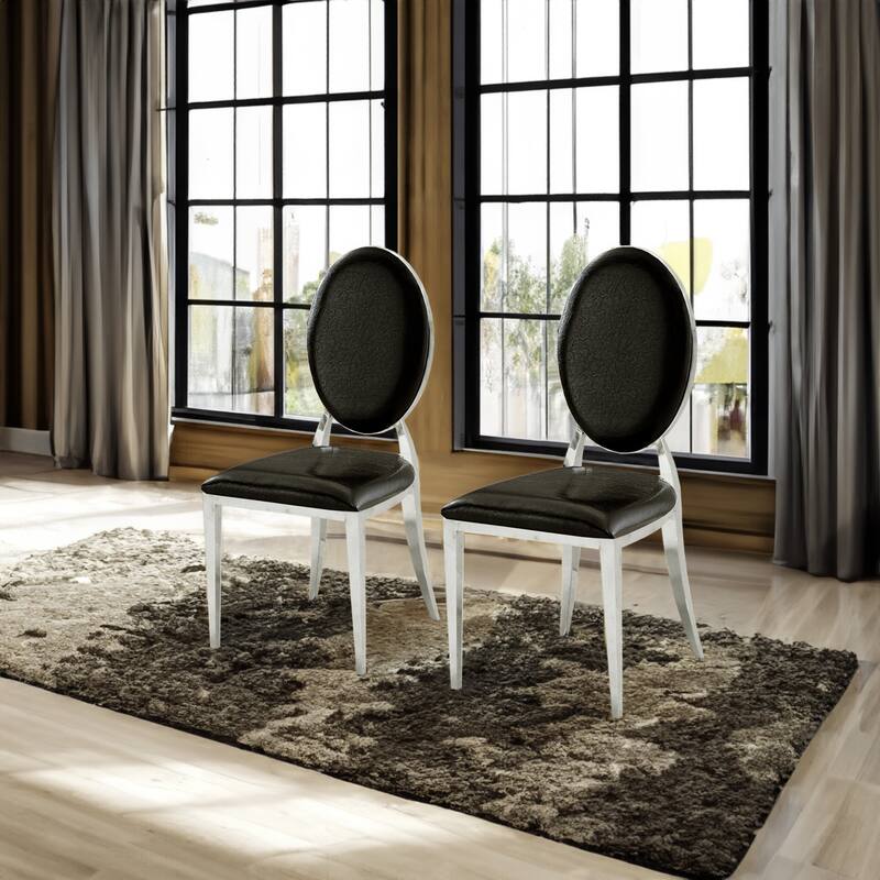 Leatherette Dining Chair Set of 2 with Stainless Steel Legs - Black/Silver