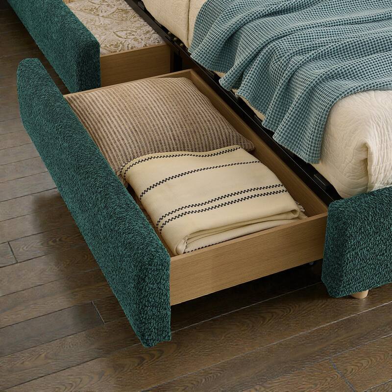 Upholstered Bed Frame with Tall Curved Headboard and Storage Drawers, Modern Minimalist Platform Bed No Box Spring