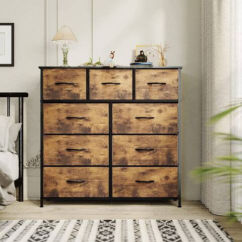 9 Drawers Dresser with Fabric Storage Tower, Organizer Unit with Sturdy Steel Frame, Wooden Top