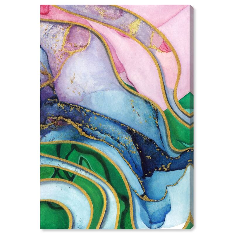Wynwood Studio Canvas Abstract Golden Flow Gems Blue and Pastel Pink Modern & Contemporary Wall Art Canvas Print