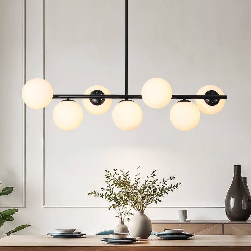 7-Light Mid-Century Modern Gold/Black Sputnik Metal Island Lights with Opal Glass Globe Shades for Kitchen, Dining Room