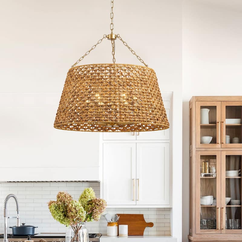 Farmhouse Painted Gold 6-Light Unique Hand Woven Oversize Pendant Lighting Fixture - Gold