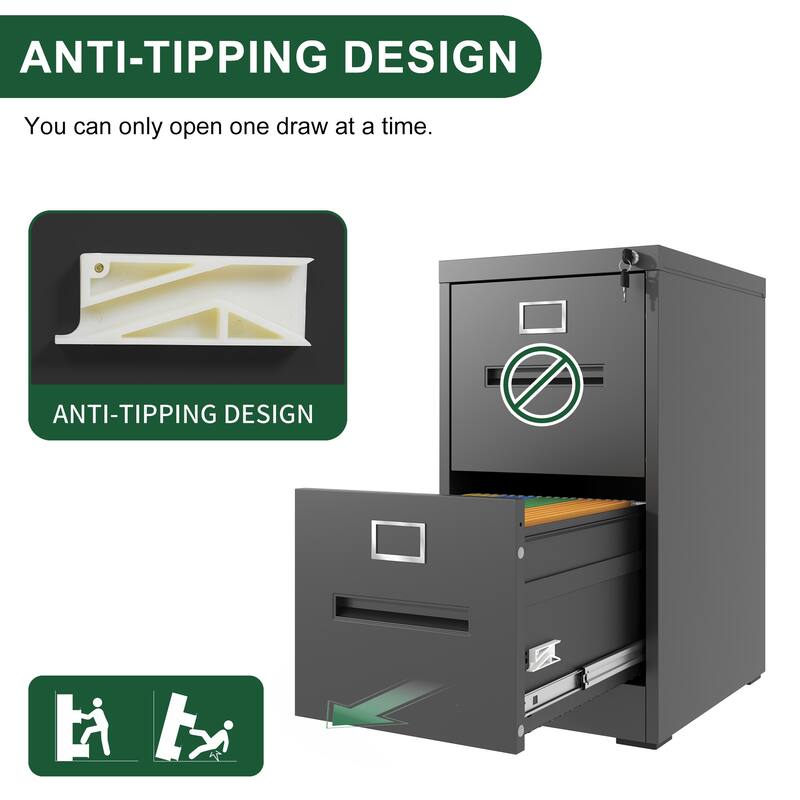 Modern 2-Drawer Narrow Filing Cabinet, Vertical Filing Cabinet with Lock and Anti-Tilt Function, for Home Office, Black