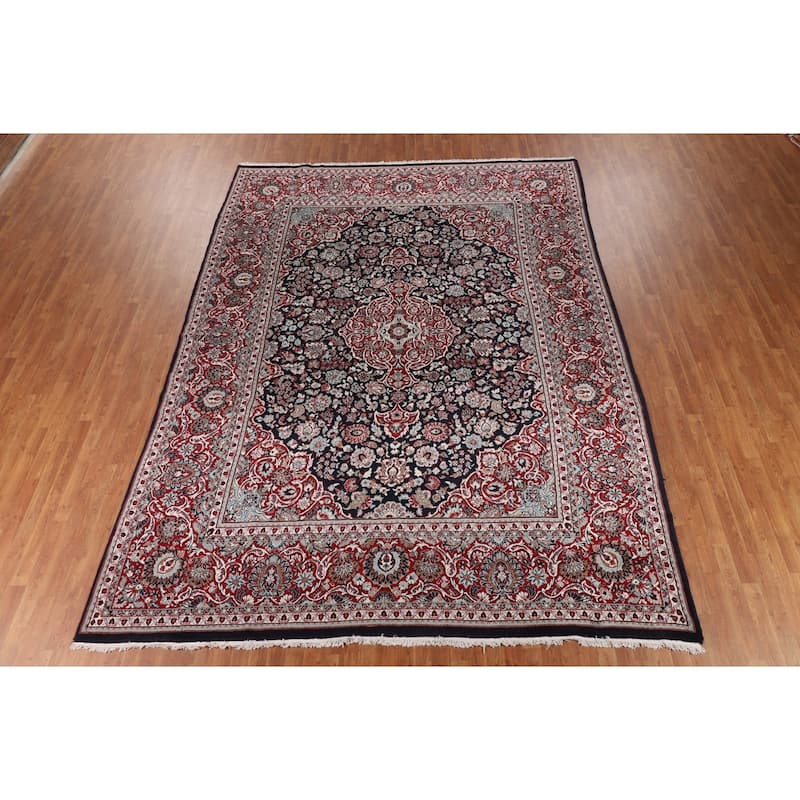 Navy Blue Kashan Turkish Area Rug Machine Made Carpet - 9'5" x 12'9"