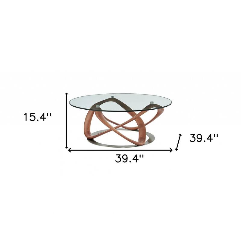 HomeRoots 39" Walnut And Clear Glass Abstract Round Coffee Table - 39.4 x 39.4 x 15.4