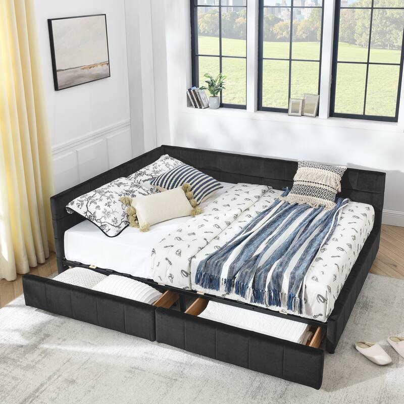 L-shaped Velvet Upholstered Daybed Tufted Sofa Bed with Soft Backrest Armrests - and Optional Corner Storage Day Bed - Black with Drawers - Queen