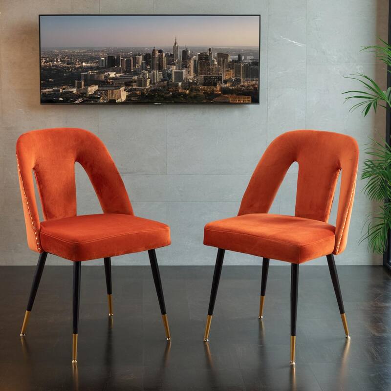 Akoya Collection Modern | Contemporary Velvet Upholstered Dining Chair with Nailheads and Gold Tipped Black Metal Legs - Orange