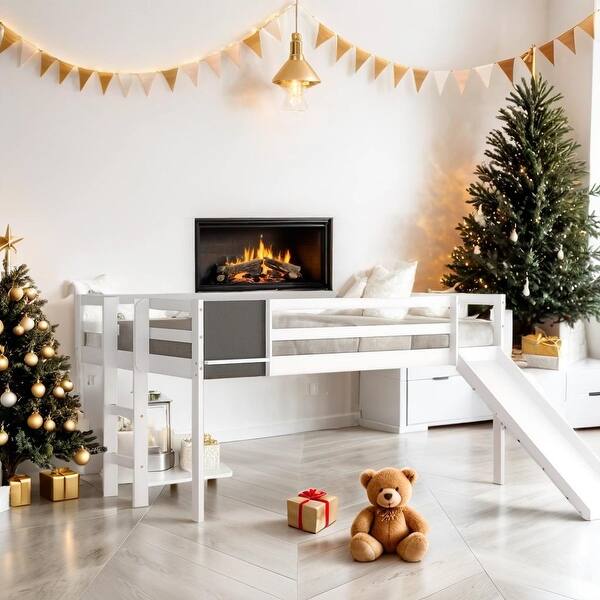 slide 2 of 15, Elegant Design Full size Loft Bed Wood Bed,with Slide, Stair and Pine Wood Frame & Chalkboard, White
