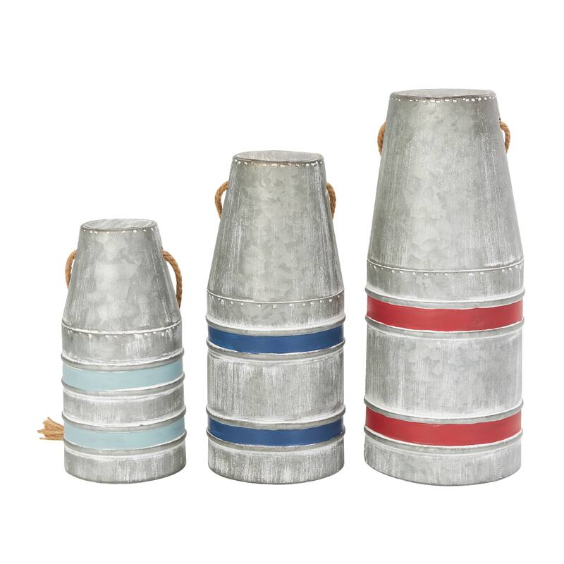 Gray or White Metal Striped Buoy Sculpture with Rope Handles (Set of 3)