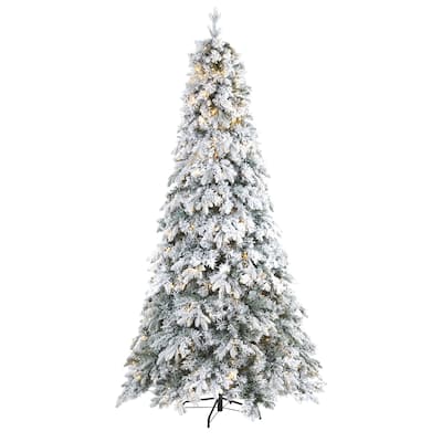 8' Flocked Vermont Pine Artificial Christmas Tree, Warm Clear LED - 8 Foot