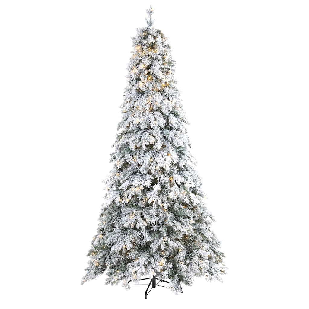8' Flocked Vermont Pine Artificial Christmas Tree, Warm Clear LED - 8 Foot