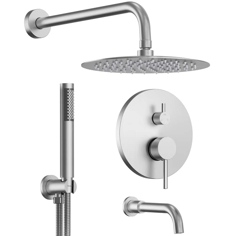 GRANDJOY 3-Function Bathroom Shower System with Rainfall Head, Handheld Unit, and Tub Spout - Brushed Nickel