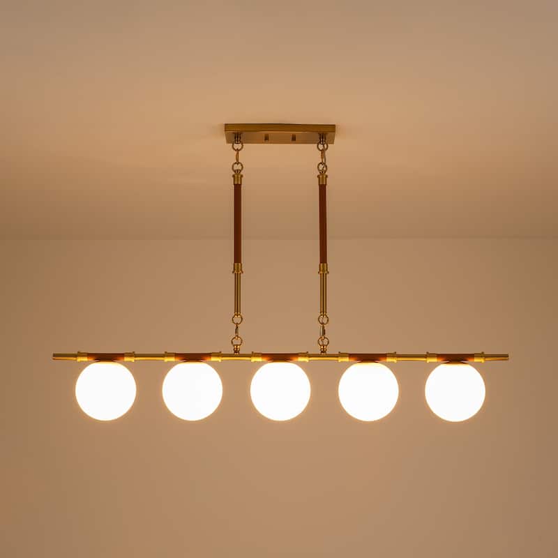Modern French 5-Light Linear Chandelier in Brushed Brass with Textured Lychee Rods and Opal Globe Shades