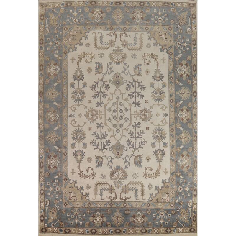 Ivory Oushak Indian Large Rug Hand-Knotted Wool Carpet - 10'0" x 14'1"